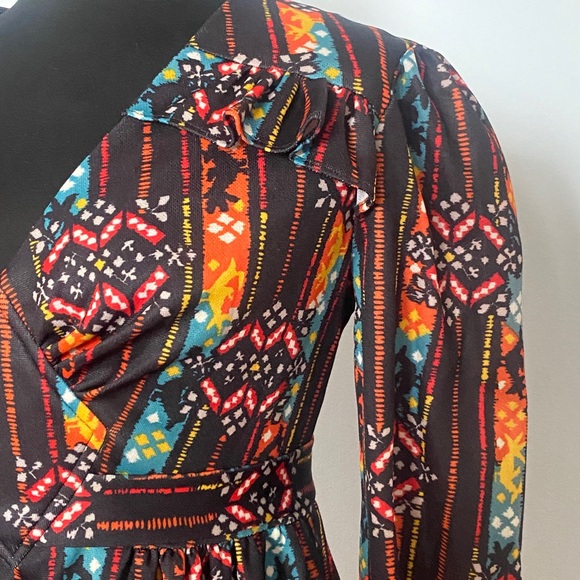 70s Dress Empire Waist Belt Tie Midi Poly Floral Pattern Puff Sleeve V Neck - Picture 4 of 9